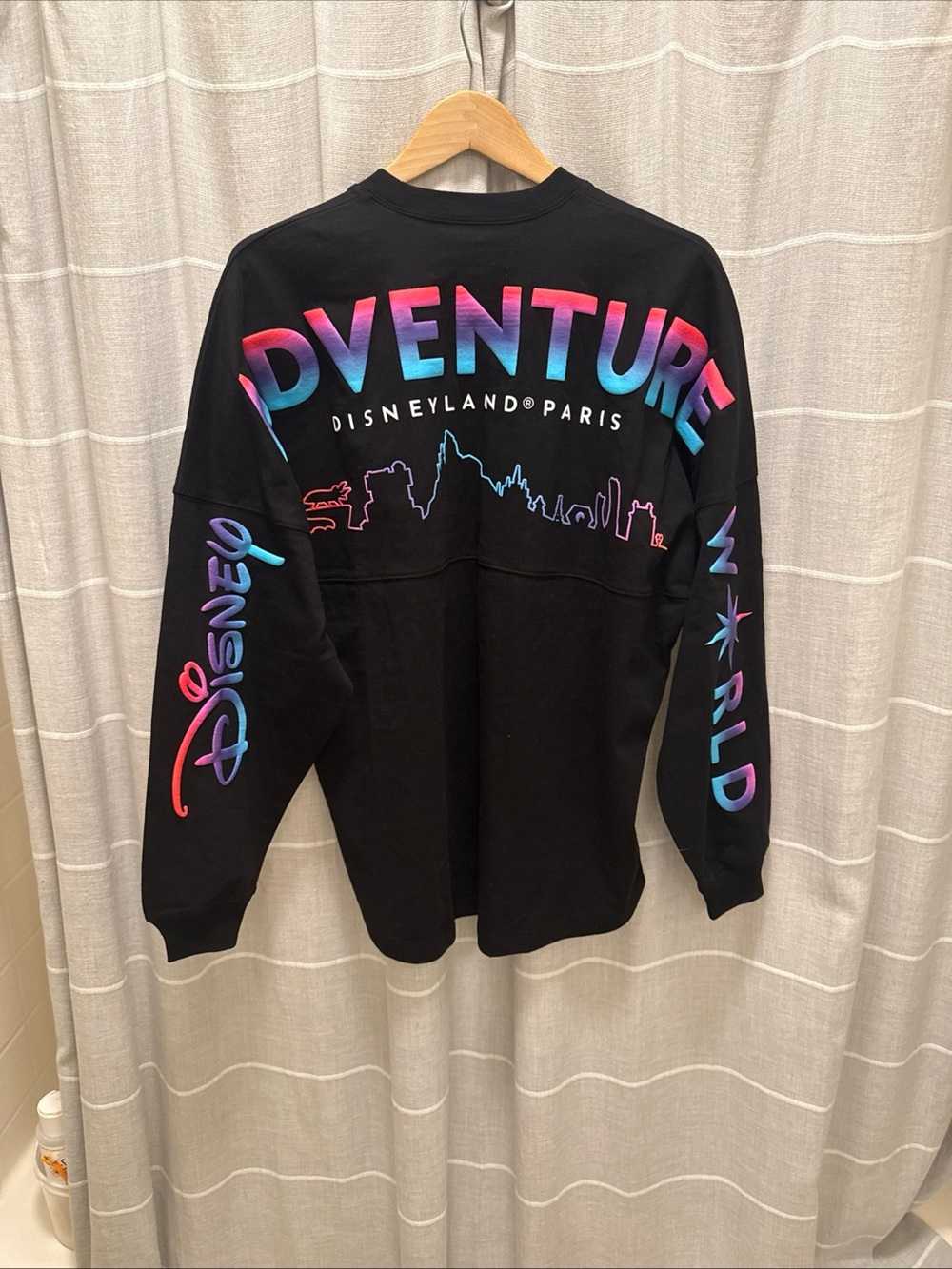 Disney Black Crewneck Sweater with Pink-to-Blue Gradient 'ADVENTURE' Graphic
